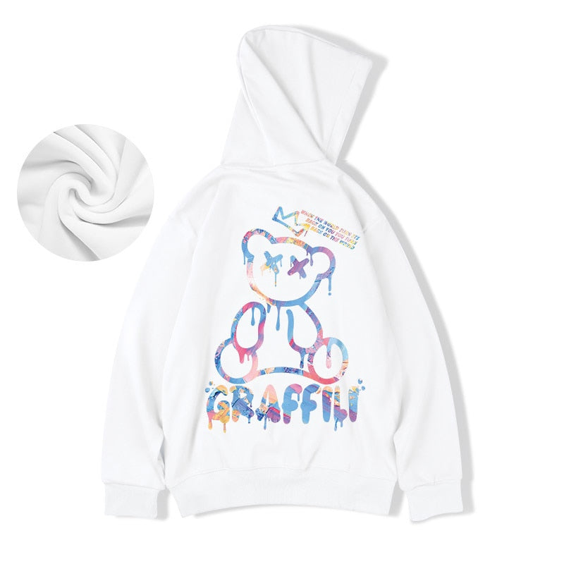 Graffiti Bear Print Men's Fleece Hoodie Retro Autumn Casual Pullover