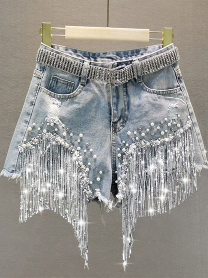 Summer Elegant Shorts Lady Tassel Beading High Waist Wide Leg Denim Shorts Female Casual