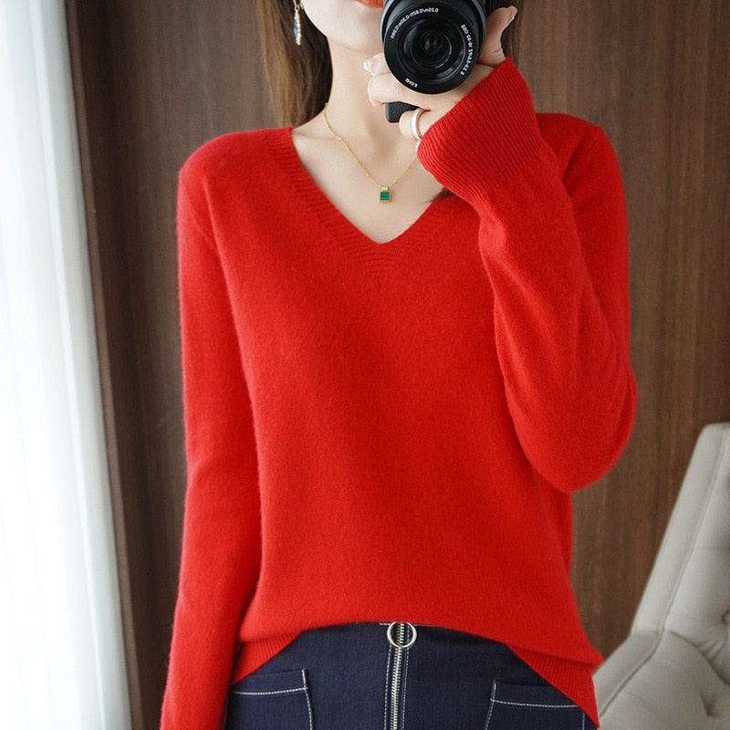 Women's sweater autumn winter knitted sweater V-neck slim fit