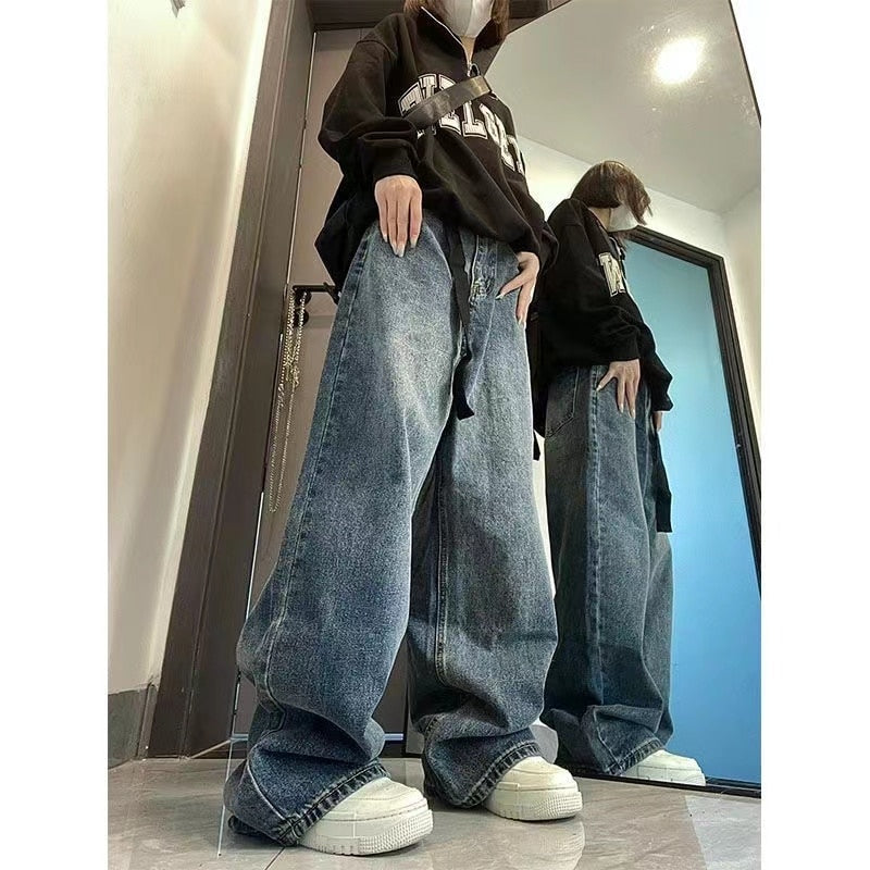 Baggy Femme Jeans Y2K Dark Blue Brown High Waist Streetwear 90S Baggy Pants Women Trousers Straight Wide Leg Pants