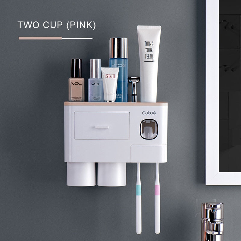 Magnetic Adsorption Inverted Toothbrush Holder Automatic Toothpaste Dispenser With Cup Toothpaste Bathroom Accessories Set