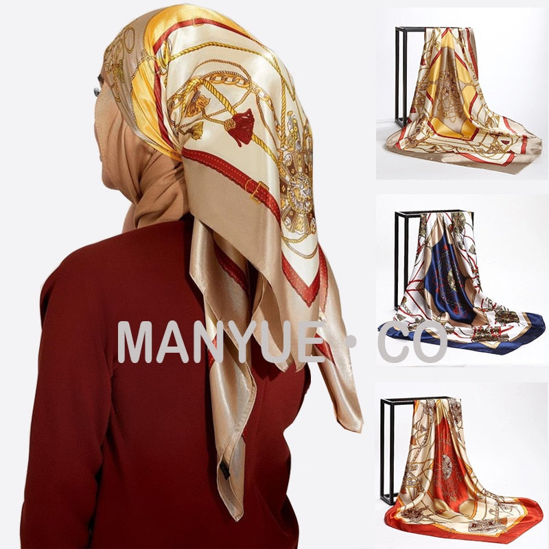 Square Silk Scarves Women 90*90cm Satin Hijab Scarf Muslim