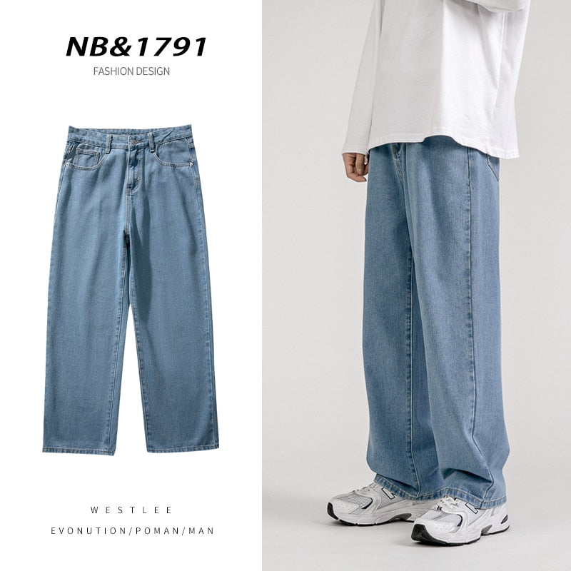 Korean fashion men's baggy jeans classic all-match solid color straight leg wide leg jeans male light blue gray black