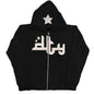 Star Letter Print Hoodie Men Retro Zip Up Long Sleeve Loose Jacket Coats