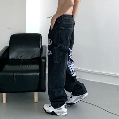 Frauen Koreanische Mode Streetwear Casual Brief Drucken Gerade Breite Bein Hosen Baggy Denim Hosen Männer Low Rise Jeans Kleidung