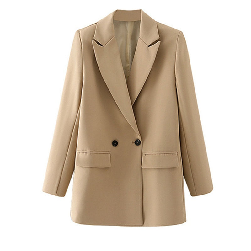 Women Chic Office Lady Double Breasted Blazer Vintage Coat Fashion Notched Collar Long Sleeve