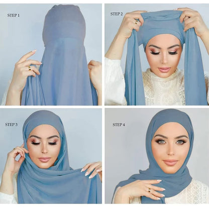 Muslim Women Chiffon Hijab With Cap Bonnet instant