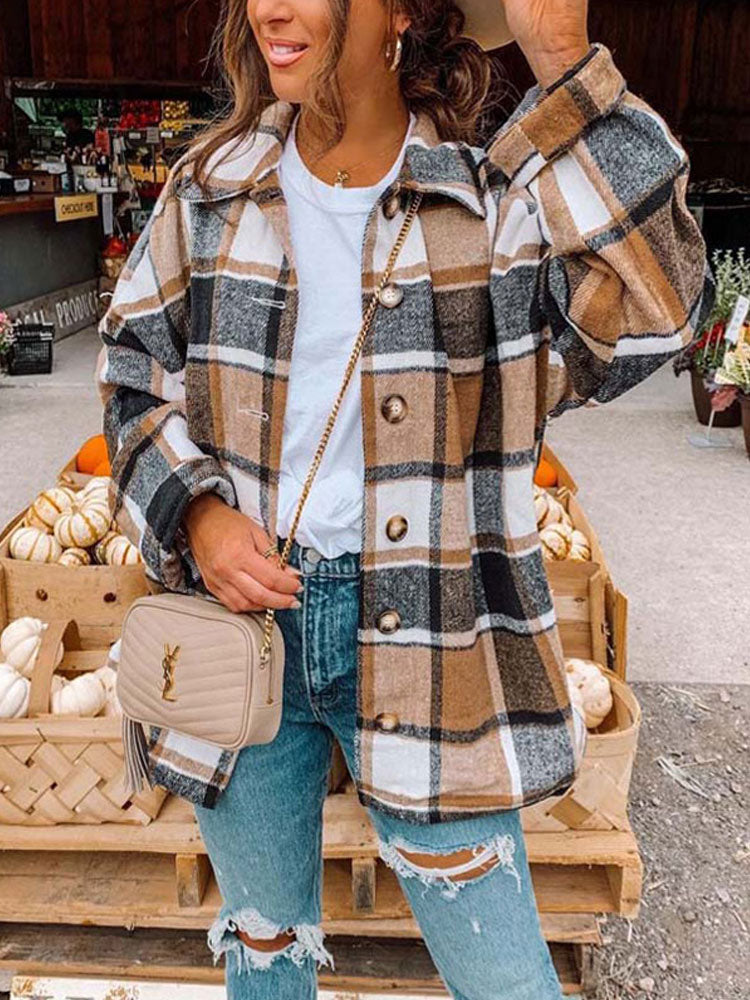 Herbst Plaid Jacke Frauen Mantel Oberhemd Lange Karierten Jacke Weibliche Lange Hülse Übergroßen