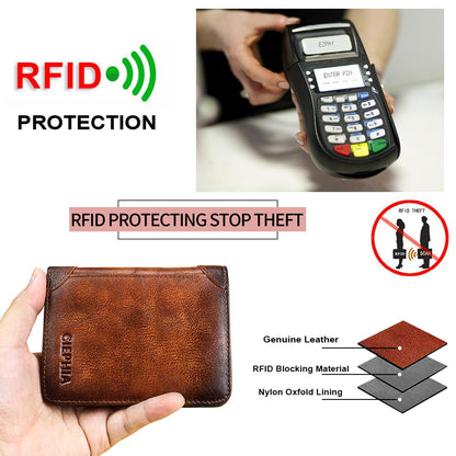 Genuine Leather Rfid Protection Wallets for Men Vintage Slim Short Multi Function ID Credit Card Holder Money Bag