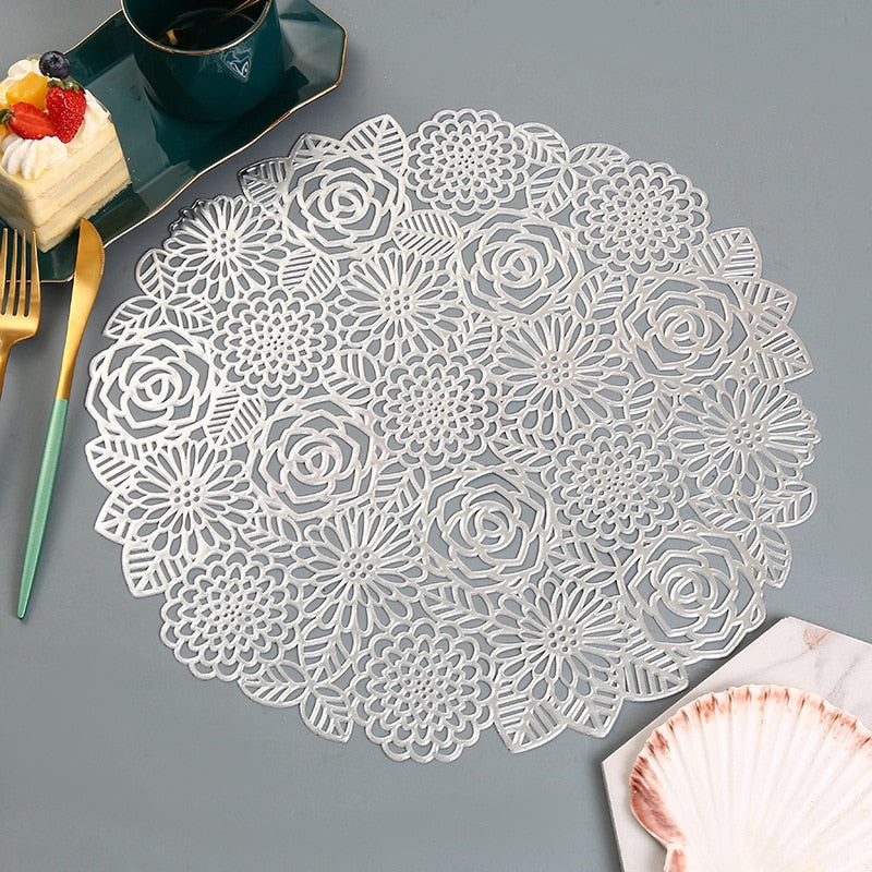 Table Mat Hibiscus Flower Bronzing PVC Placemat Hollow Insulation Coaster Pads Table Bowl Home Christmas Decor Heat Resistant