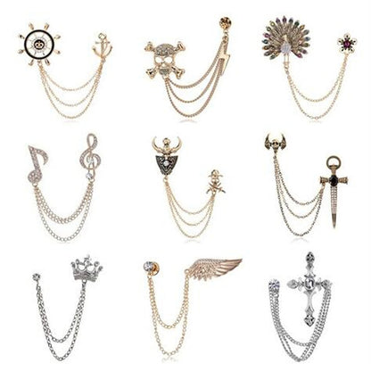 Korean British Style Crown Bird Brooch Cross Suit Tassel Chain Lapel Pin Angle Wing Badge Retro Female Corsage Men Accessories