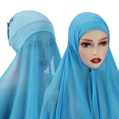 Muslim Women Chiffon Hijab With Cap Bonnet instant