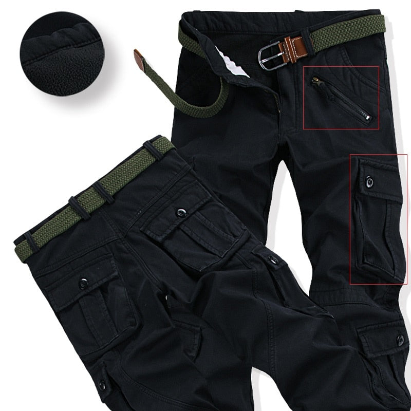 Men Winter Pants Thick Warm Cargo Pant Casual Fleece Pocket Fur