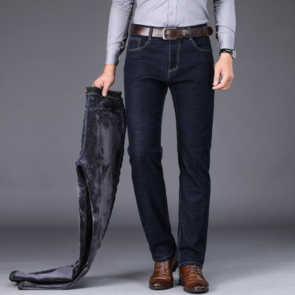 Winter Neue herren-Fleece Warme Jeans Klassische Stil Business Casual Verdicken Regelmäßige Fit Denim Hosen Schwarz Blau Marke hosen