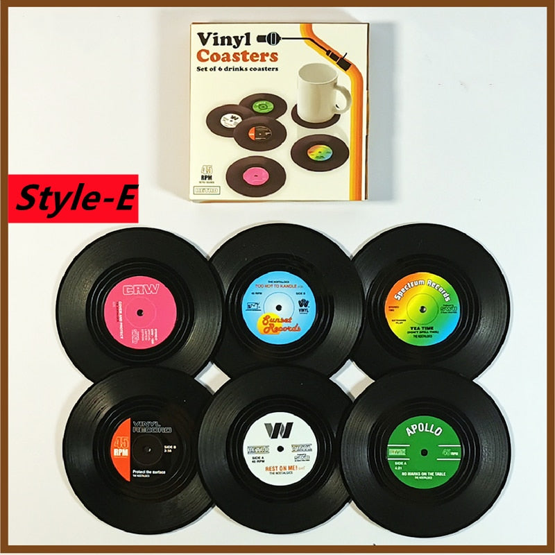 6pcs Retro Vinyl Record Cup Coaster Anti-slip Coffee Coasters Heat Resistant Music Drink Mug Mat Table Placemat Home Decor Gifts