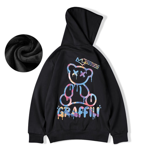 Graffiti Bear Print Men's Fleece Hoodie Retro Autumn Casual Pullover