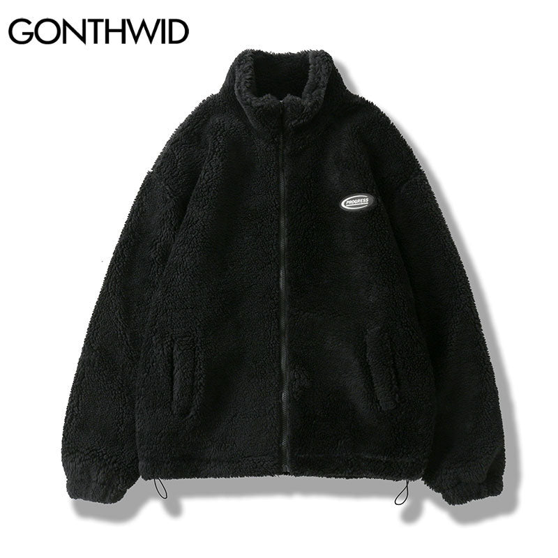 Hip Hop Winter Fleece Fluffy Jacket Streetwear Harajuku Fuzzy Zipper Coat Men Autumn Solid Color