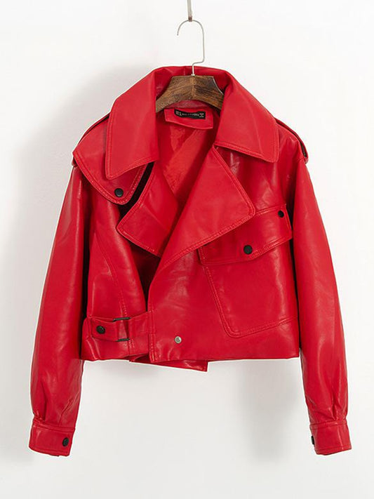New Spring Women Faux Leather Jacket Biker Red White Coat Turndown Collar