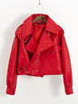 Neue Frühjahr Frauen Faux Leder Jacke Biker Rot Weiß Mantel Turndown Kragen