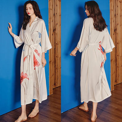 Black Print Flower Long Robe Nightgown Spring Summer Half Sleeve Kimono Bathrobe Gown Women Sexy Rayon Home Dress Loungewear