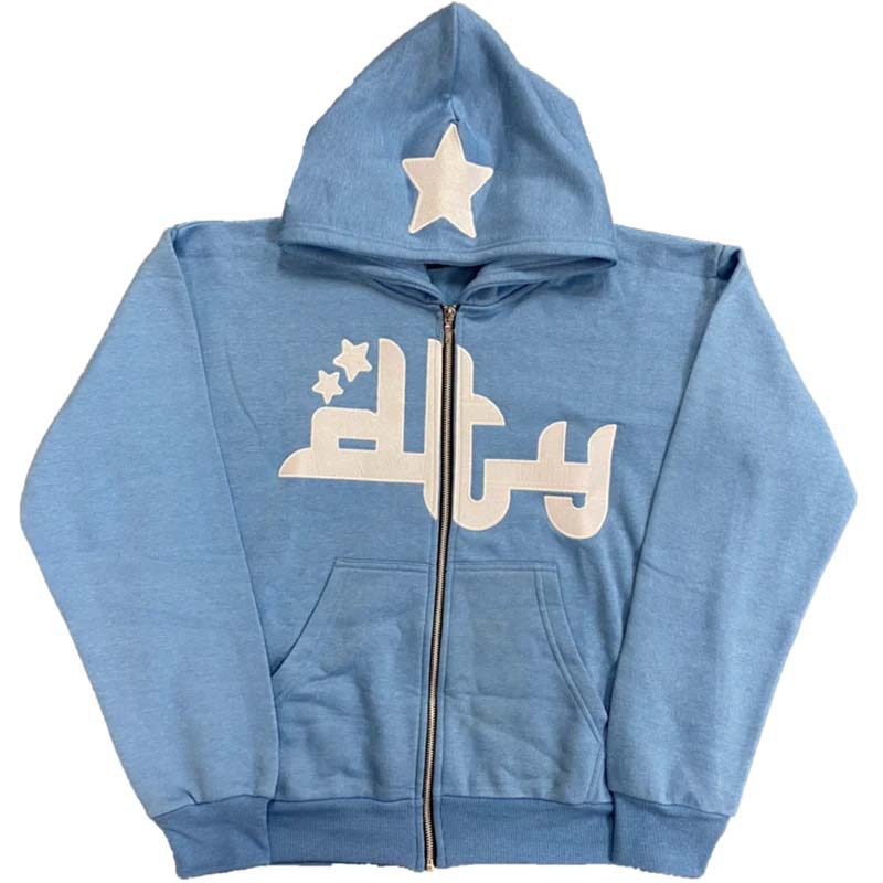 Star Letter Print Hoodie Men Retro Zip Up Long Sleeve Loose Jacket Coats