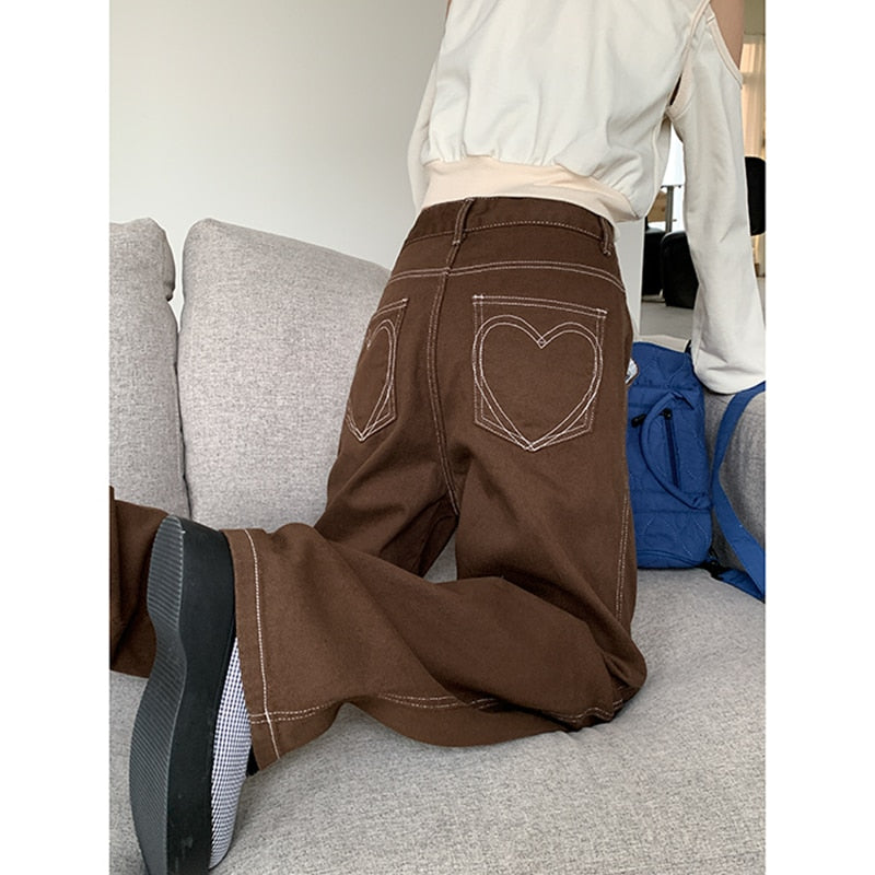 Brown Women's Jeans High Waist Vintage Straight Baggy Denim Pants Streetwear Heart Pattern Design Fashion Wide Leg Denim Pants