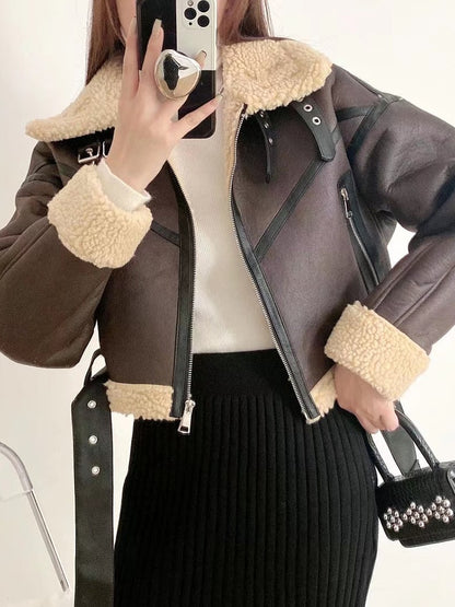 Ailegogo Winter Women Streetwear Faux Lamb Leather Fur Short Jacket with Belt Moto Biker Thick Warm Sheepskin