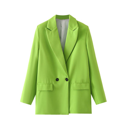 Women Chic Office Lady Double Breasted Blazer Vintage Coat Fashion Notched Collar Long Sleeve