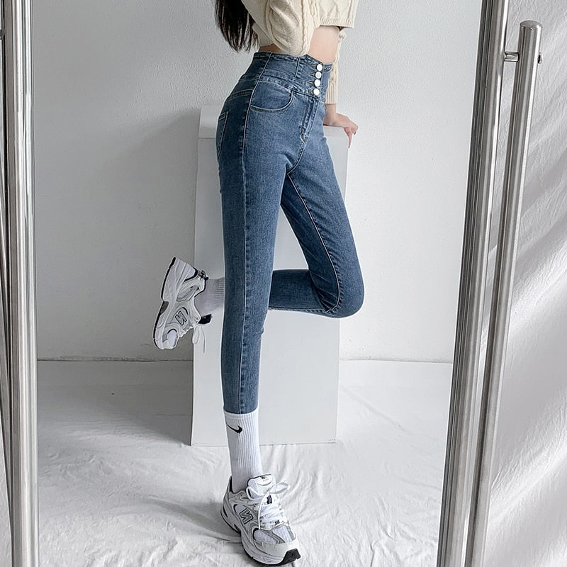 Skinny Pencil Jeans Four Buttons Vintage High Waist Women Slim Stretch Denim Pants Tight Trousers 2022 Women's Pants