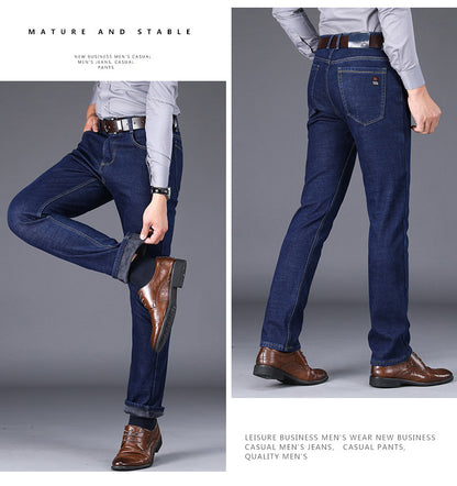 Winter New Men's Fleece Warm Jeans Classic Style Business Casual Thicken Regular Fit Denim Pants Black Blue Brand Trousers