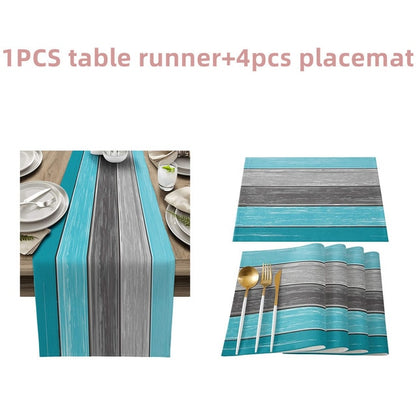 Farmhouse Wood Texture Table Runner Tablecloths Combination Set Wedding Party Event Dining Table Decoration Hotel Home Tablecloth