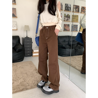 Brown Women's Jeans High Waist Vintage Straight Baggy Denim Pants Streetwear Heart Pattern Design Fashion Wide Leg Denim Pants