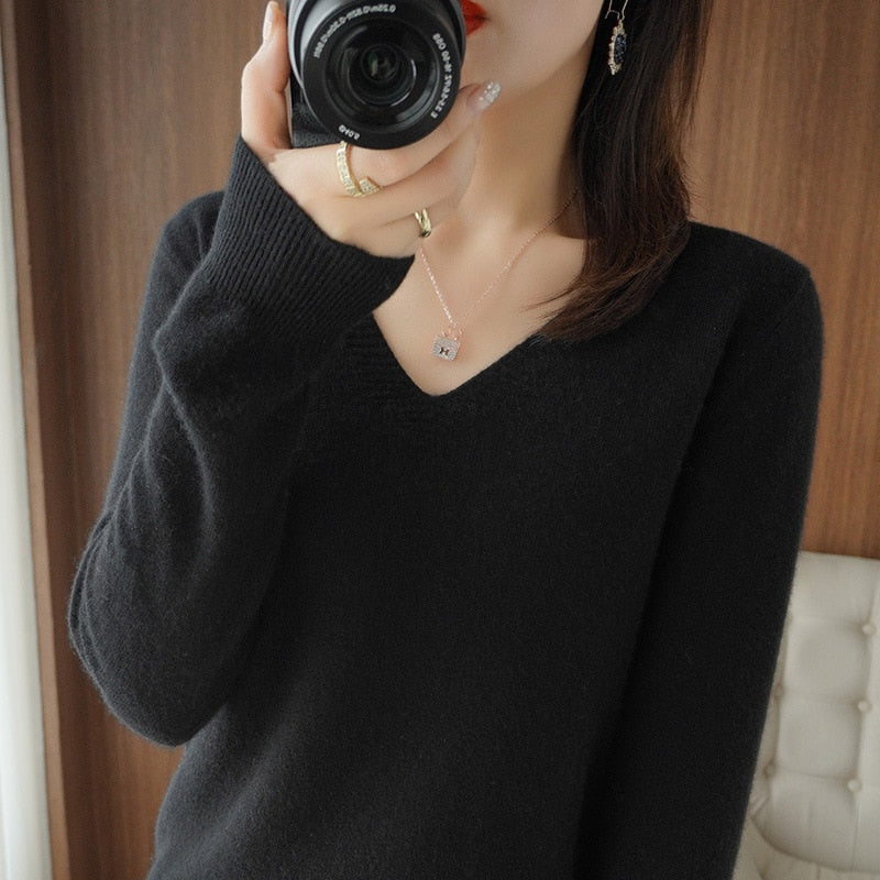 Women's sweater autumn winter knitted sweater V-neck slim fit