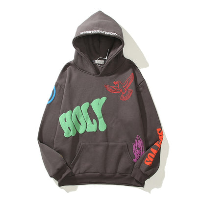 Graffiti Letter Foam Plus Velvet Kanye Sweatshirts Men's Oversized Fleece