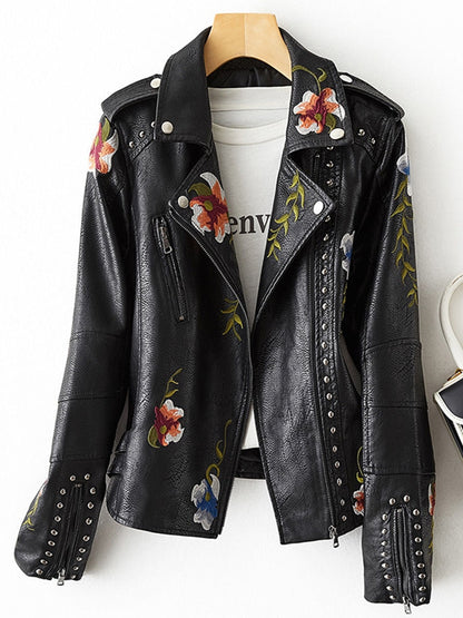 New Women Retro Floral Print Embroidery Faux Soft Leather Jacket Coat Turndown Collar