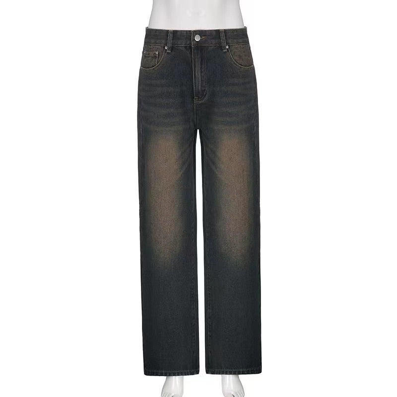 Frauen Koreanische Vintage Street Baggy Jeans Hohe Taille Gerade Breite Bein Hosen Denim Hose Fee Grunge Alt Kleidung