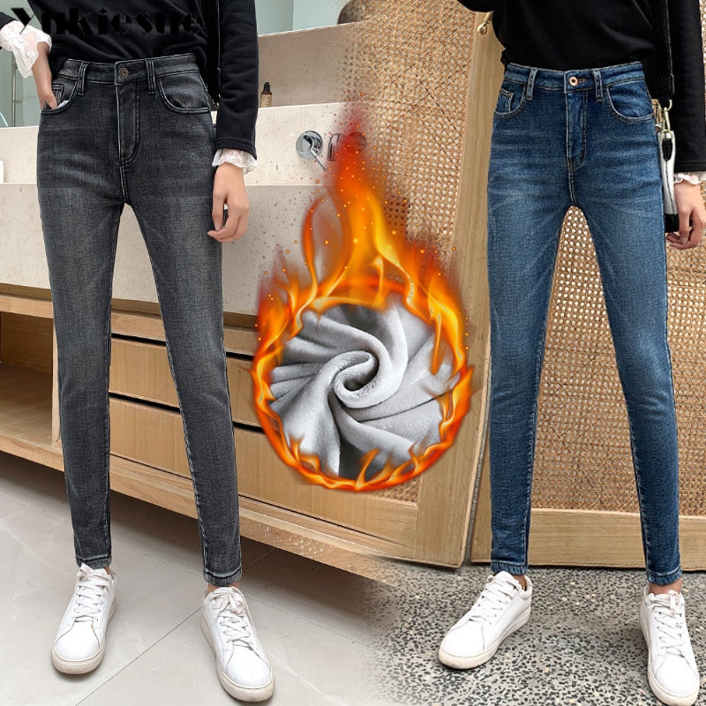 Winter Dicke weibliche Samt Frauen Hohe Taille Dünne Jeans Einfache Fleece Warme Slim fit Stretch Damen Casual Denim Bleistift Hosen