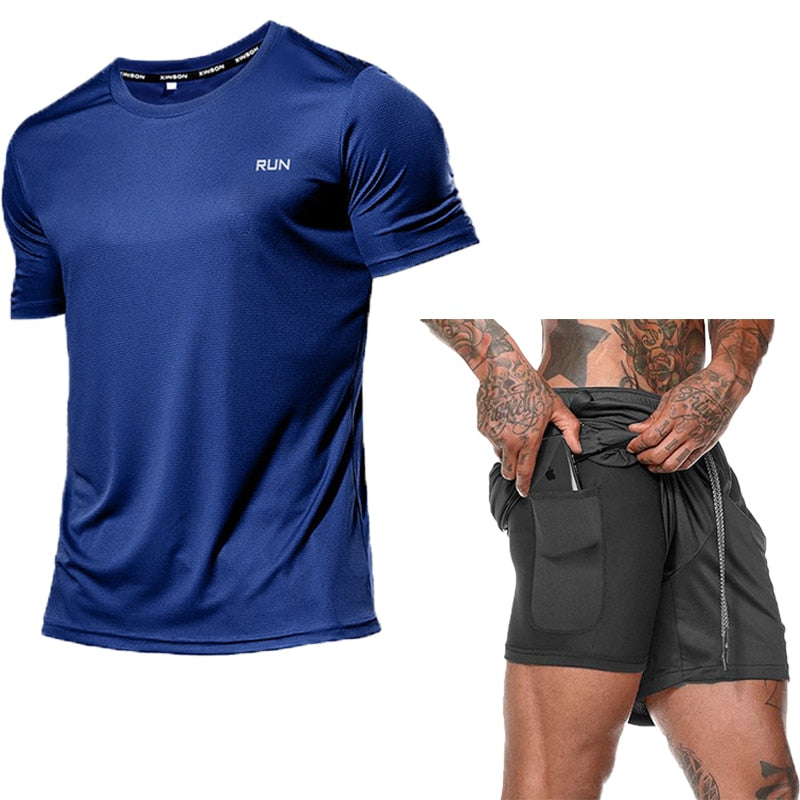 Männer Lauf Sets Sommer Sportswear Gym Fitness Anzüge Quick Dry T-Shirts + Kurze Sport Kleidung Workout Training Sport Trainingsanzug