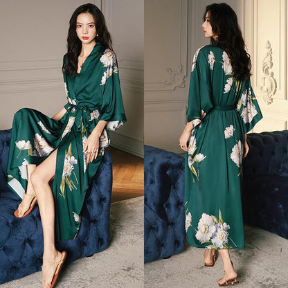 Black Print Flower Long Robe Nightgown Spring Summer Half Sleeve Kimono Bathrobe Gown Women Sexy Rayon Home Dress Loungewear