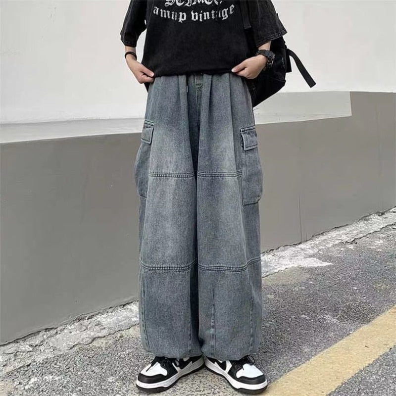 Frühling Herbst Hosen y2k baggy jeans für männer Breite bein Hosen Taschen Elastische Taille Streetwear Lose bequeme Hose