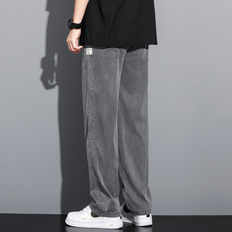 Summer Soft Lyocell Fabric Men's Jeans Thin Loose Straight Pants Drawstring Elastic Waist Korea Casual Trousers Plus Size M-5XL