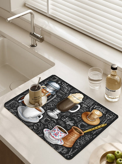 Retro Cafe Design Drain Pad Tableware Coffee Cup Placemat Kitchen Rugs Dish Drainer Absorbent Durable Napa Skin Bathroom Table Mat