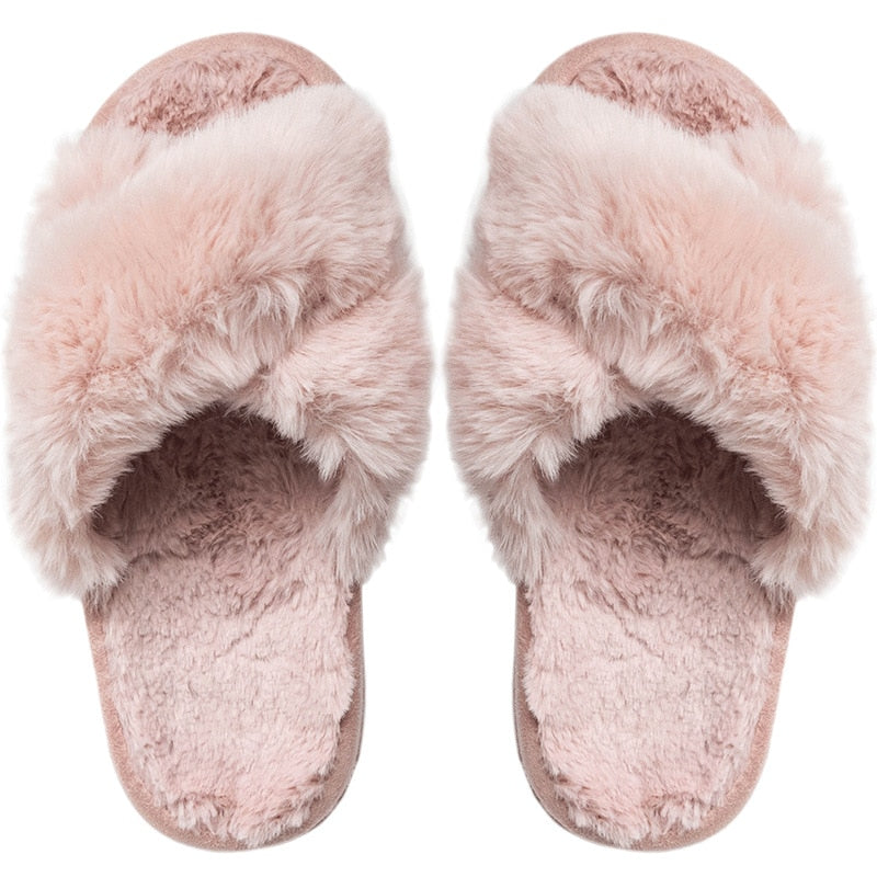 Winter Neue Frauen Slipper Weiche Kaninchen Fell Kreuz Oberen 3cm Ferse Plattform Pelz Warme Innen Damen Offene spitze flauschigen Hause Hausschuhe