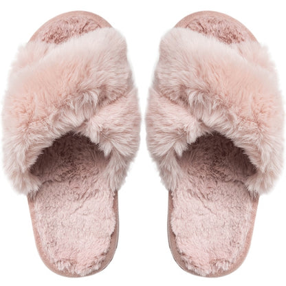 Winter New Women Slipper Soft Rabbit Fur Cross Upper 3cm Heel Platform Fur Warm Indoor Ladies Open Toe Fluffy Home Slippers