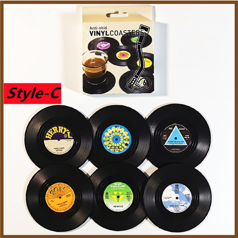 6pcs Retro Vinyl Record Cup Coaster Anti-slip Coffee Coasters Heat Resistant Music Drink Mug Mat Table Placemat Home Decor Gifts