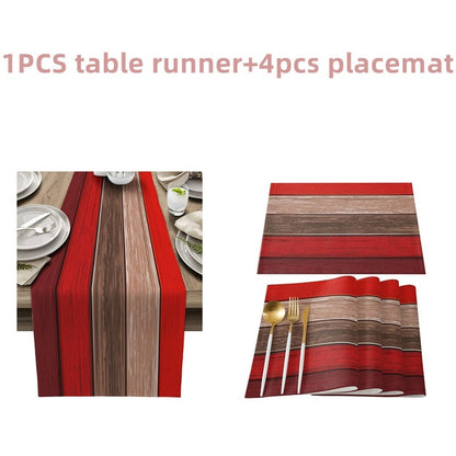 Farmhouse Wood Texture Table Runner Tablecloths Combination Set Wedding Party Event Dining Table Decoration Hotel Home Tablecloth