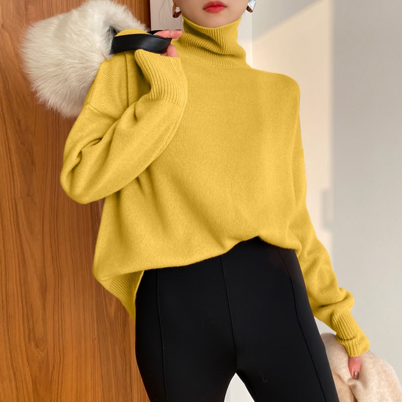 Basic Turtle Neck Knitted Sweater Women Winter Elegant Thick