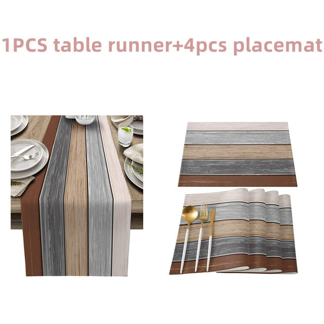 Farmhouse Wood Texture Table Runner Tablecloths Combination Set Wedding Party Event Dining Table Decoration Hotel Home Tablecloth