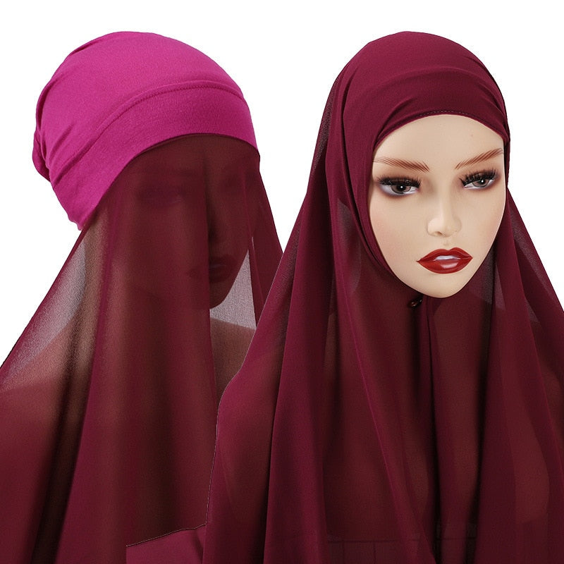 Muslim Women Chiffon Hijab With Cap Bonnet instant