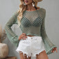 Women Wool Knitwear Solid Color Mesh Round Neck Long Sleeve Knitted Sweater